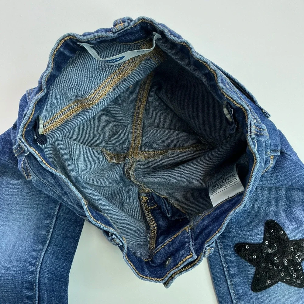 Old Navy Blue Rockstar Jeggings Kids 7 Sequin Star Patch Raw Hem S/343325-00